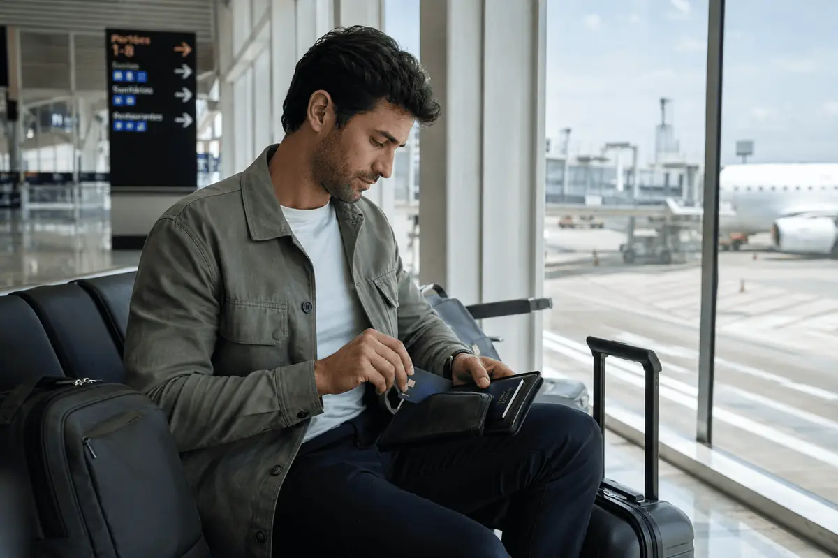 Viajante organizando documentos em um terminal internacional